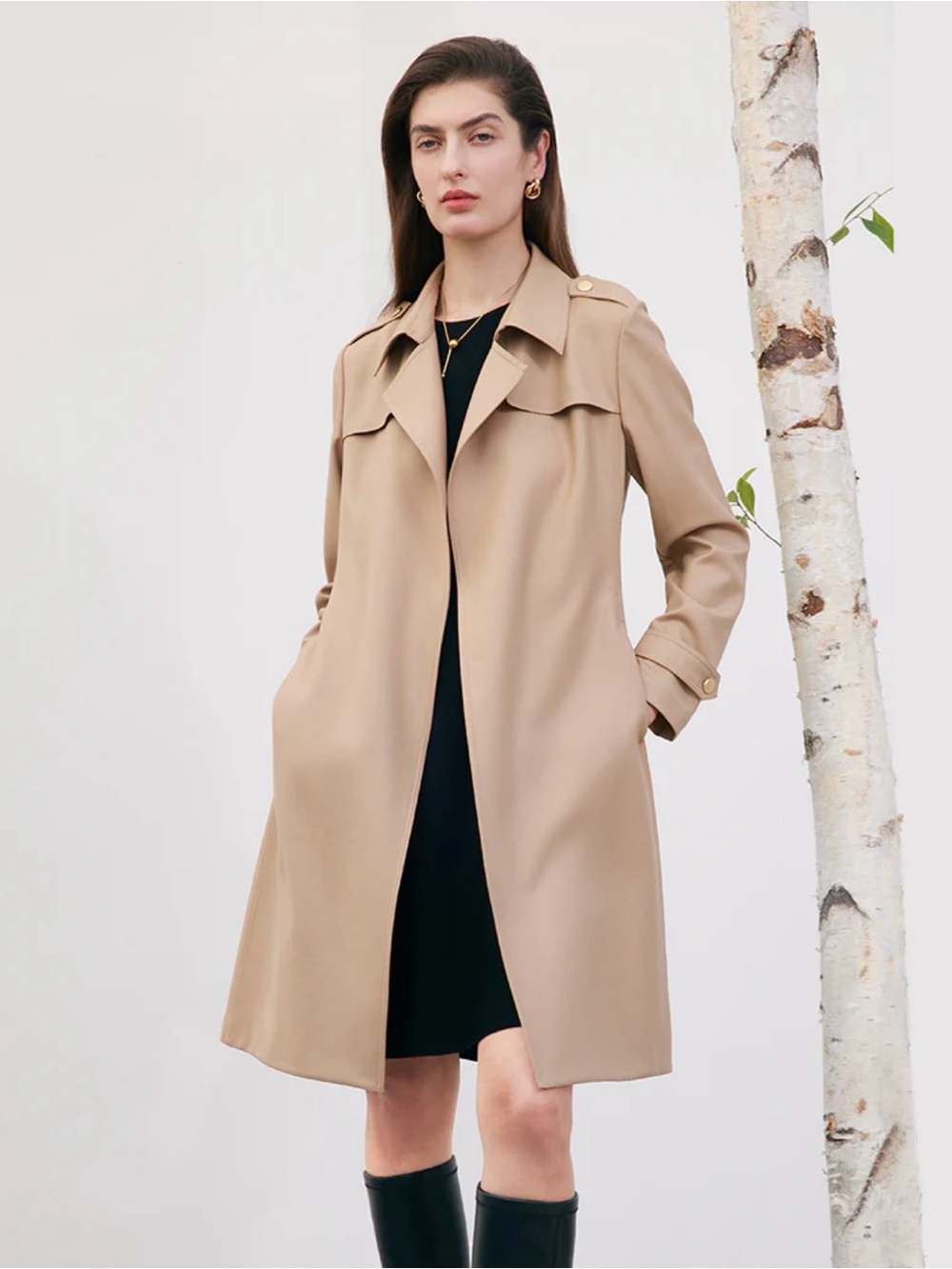 Goelia | Worsted Woolen Women Trench Coat With Belt | Light Camel | Large